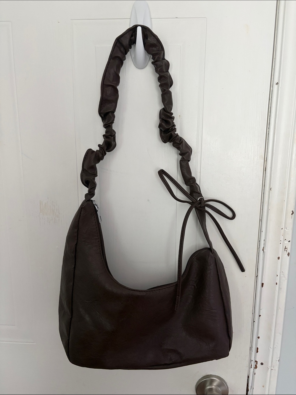 Dark Brown Ruched Shoulder Bag with Tie Detail